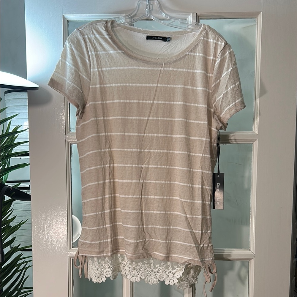 Doe & Rae Cream Tan Relaxed Embellished T-Shirt